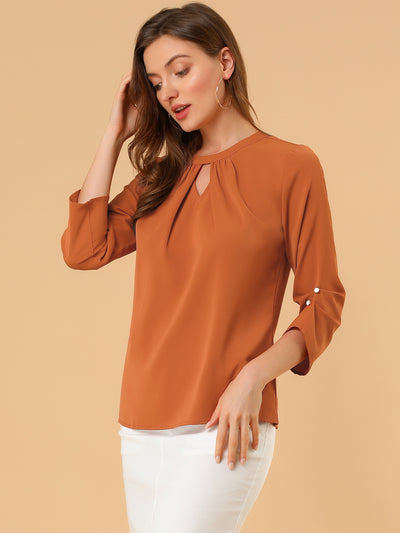 Office Keyhole Pleated Front Ruched 3/4 Sleeve Chiffon Blouse