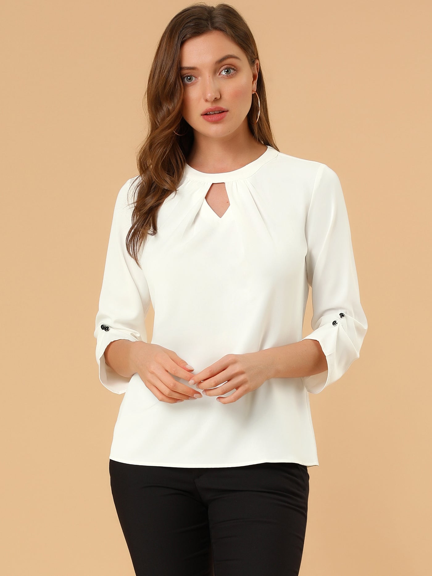 Allegra K Office Keyhole Pleated Front Ruched 3/4 Sleeve Chiffon Blouse