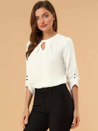 Office Keyhole Pleated Front Ruched 3/4 Sleeve Chiffon Blouse