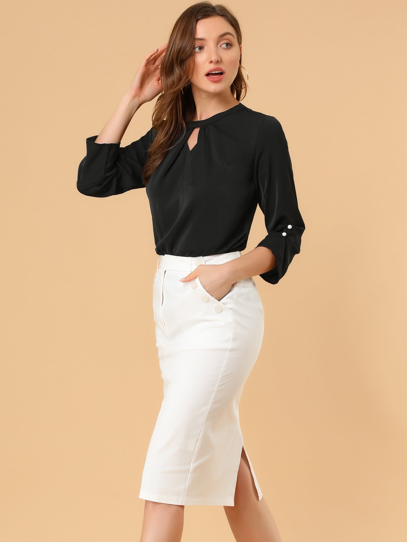 Allegra K Office Keyhole Pleated Front Ruched 3/4 Sleeve Chiffon Blouse