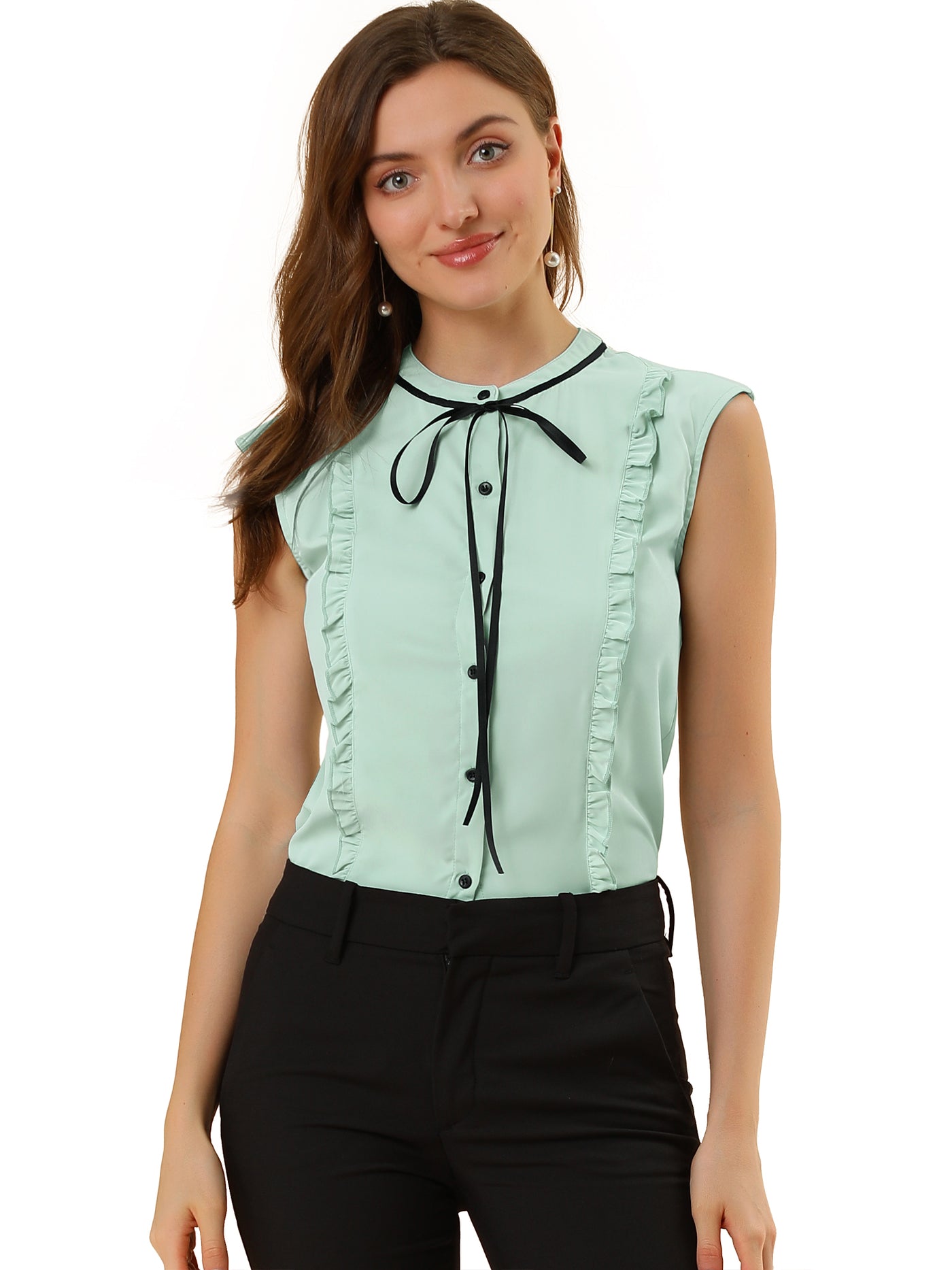 Allegra K Cute Tie Neck Summer Ruffle Solid Color Sleeveless Button Down Shirt