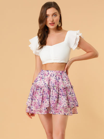 Floral Tiered Ruffle Cute Summer Flowy Chiffon Mini Skirt