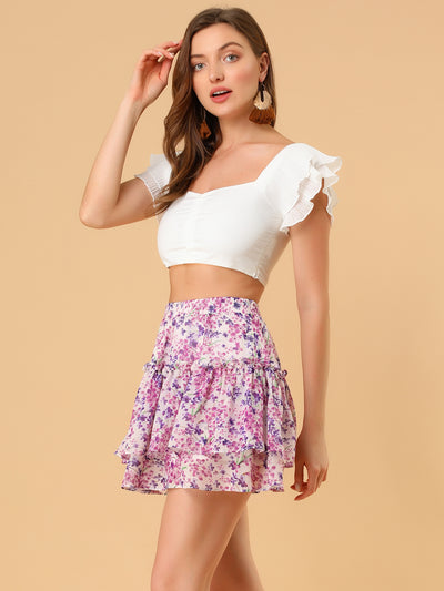 Floral Tiered Ruffle Cute Summer Flowy Chiffon Mini Skirt