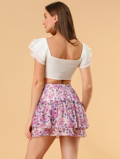 Floral Tiered Ruffle Cute Summer Flowy Chiffon Mini Skirt