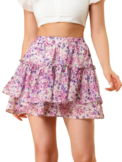 Floral Tiered Ruffle Cute Summer Flowy Chiffon Mini Skirt