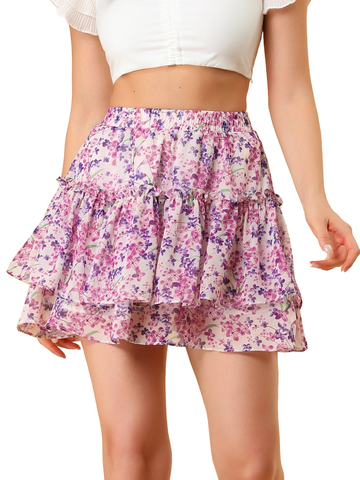 Allegra K Floral Tiered Ruffle Cute Summer Flowy Chiffon Mini Skirt