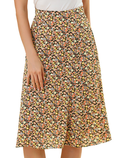 Floral Peasant Elastic Waist A-Line Ditsy Leave Midi Skirt