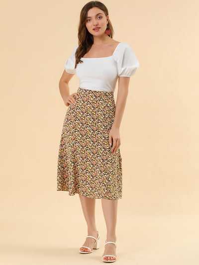 Floral Peasant Elastic Waist A-Line Ditsy Leave Midi Skirt