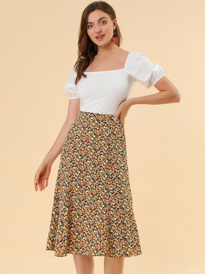 Floral Peasant Elastic Waist A-Line Ditsy Leave Midi Skirt