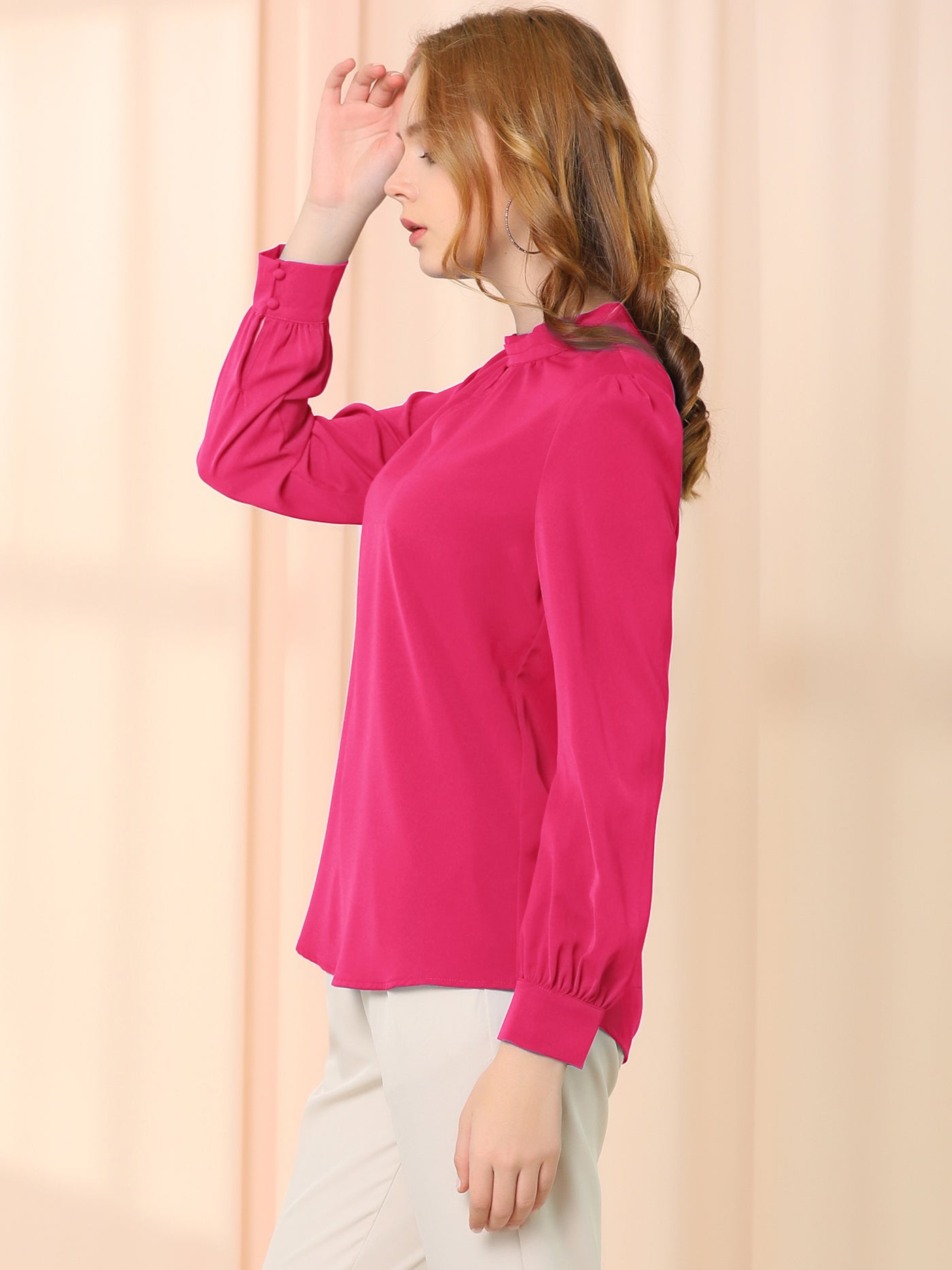 Allegra K Keyhole Elegant Stand Collar Long Sleeve Chiffon Office Blouse