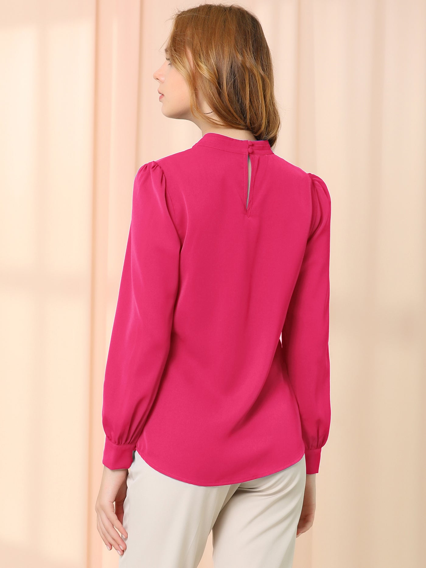 Allegra K Keyhole Elegant Stand Collar Long Sleeve Chiffon Office Blouse