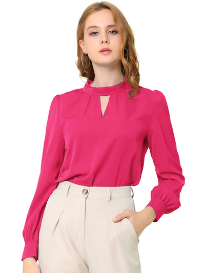 Keyhole Elegant Stand Collar Long Sleeve Chiffon Office Blouse