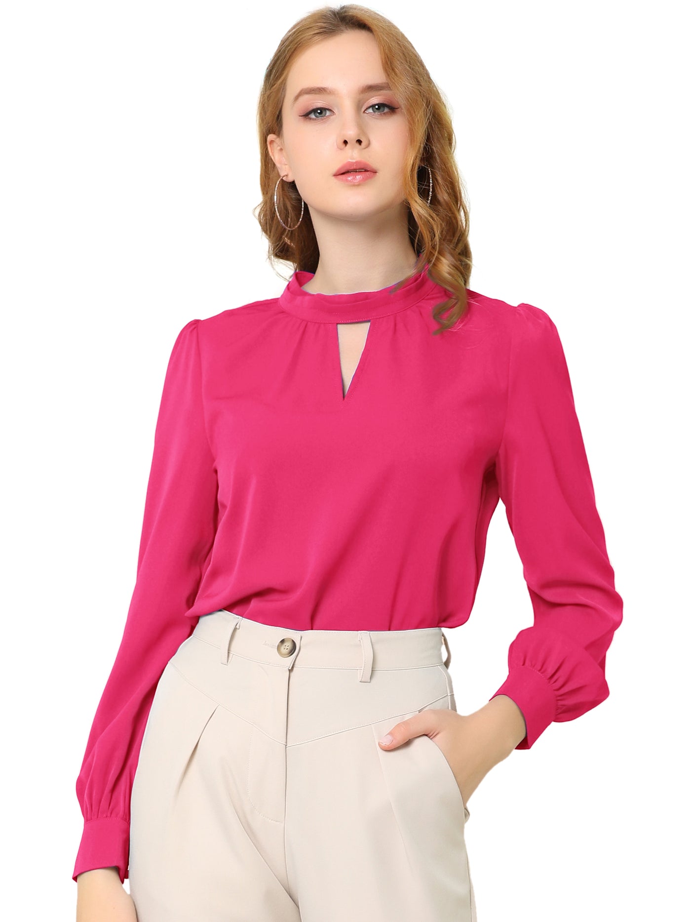 Allegra K Keyhole Elegant Stand Collar Long Sleeve Chiffon Office Blouse