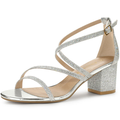 Glitter Crisscross Strap Chunky Heel Sandals