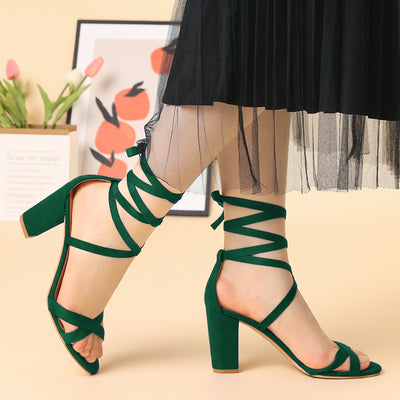 Elegant Faux Suede Ankle Lace Up High Block Heel Sandals