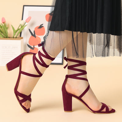 Elegant Faux Suede Ankle Lace Up High Block Heel Sandals