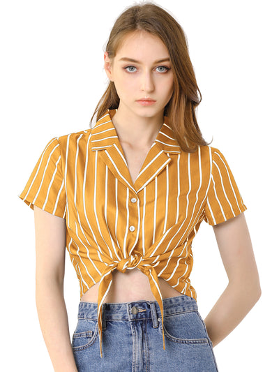 Striped Button Up Lapel Collar Top Short Sleeve Tie Front Crop Shirt