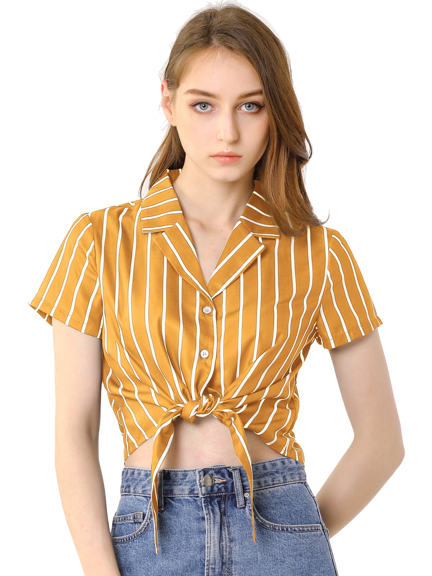 Allegra K Striped Button Up Lapel Collar Top Short Sleeve Tie Front Crop Shirt