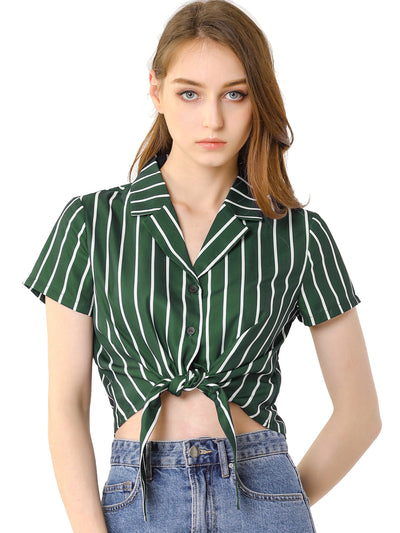 Striped Button Up Lapel Collar Top Short Sleeve Tie Front Crop Shirt