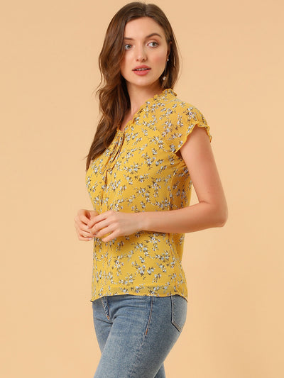 Ditsy Floral Print Chiffon Short Sleeve Ruffle Blouse