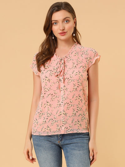 Ditsy Floral Print Chiffon Short Sleeve Ruffle Blouse