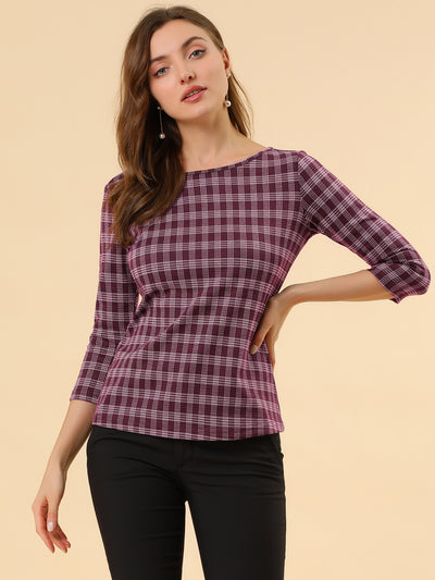 Work Office 3/4 Sleeve Boat Neck Houndstooth Printed Top Blouse