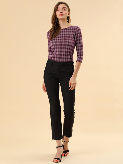 Work Office 3/4 Sleeve Boat Neck Houndstooth Printed Top Blouse