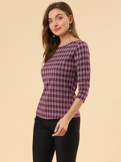 Work Office 3/4 Sleeve Boat Neck Houndstooth Printed Top Blouse