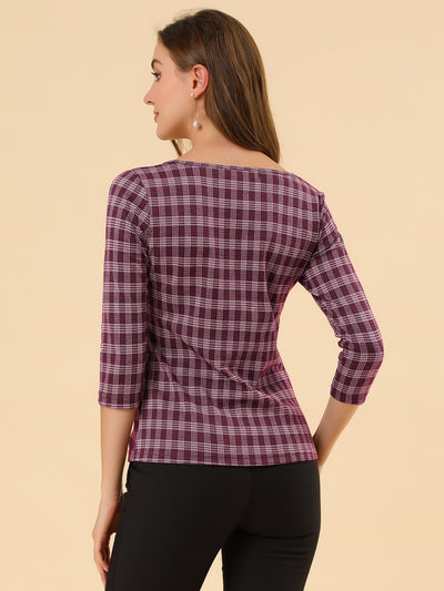 Work Office 3/4 Sleeve Boat Neck Houndstooth Printed Top Blouse