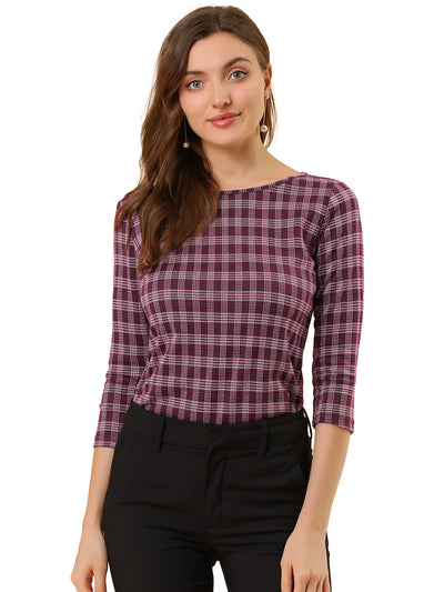 Work Office 3/4 Sleeve Boat Neck Houndstooth Printed Top Blouse