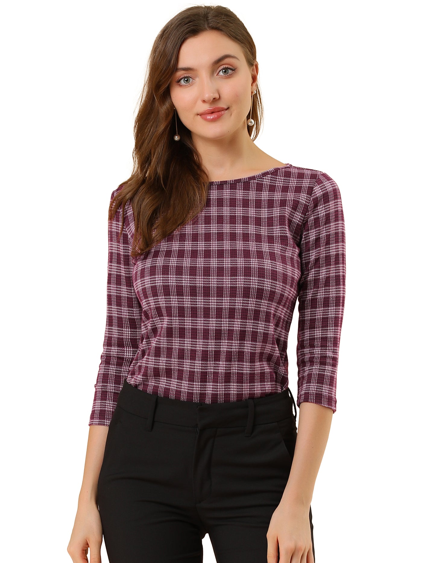 Allegra K Work Office 3/4 Sleeve Boat Neck Houndstooth Printed Top Blouse