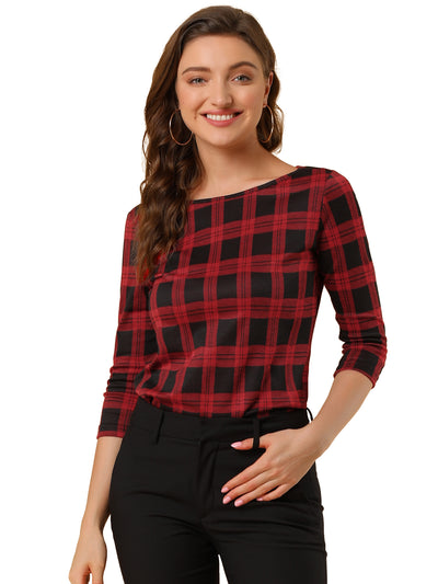 Work Office 3/4 Sleeve Boat Neck Houndstooth Printed Top Blouse