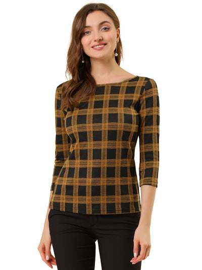 Work Office 3/4 Sleeve Boat Neck Houndstooth Printed Top Blouse