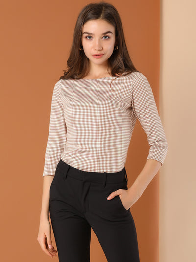 Work Office 3/4 Sleeve Boat Neck Houndstooth Printed Top Blouse