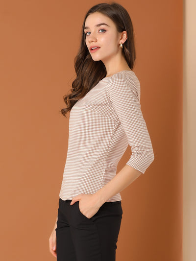 Work Office 3/4 Sleeve Boat Neck Houndstooth Printed Top Blouse