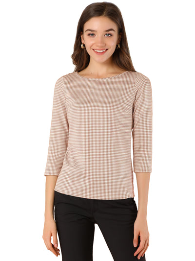 Work Office 3/4 Sleeve Boat Neck Houndstooth Printed Top Blouse