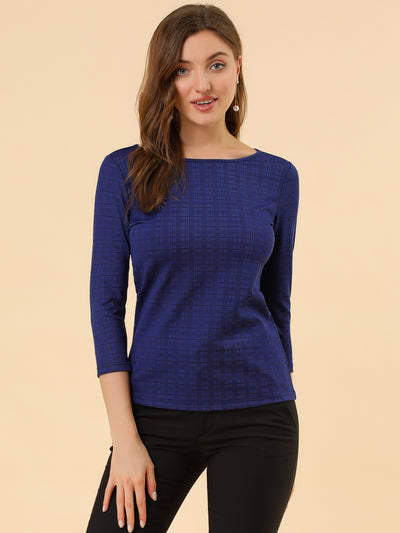 Work Office 3/4 Sleeve Boat Neck Houndstooth Printed Top Blouse