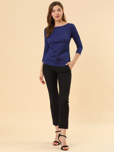 Work Office 3/4 Sleeve Boat Neck Houndstooth Printed Top Blouse