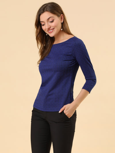 Work Office 3/4 Sleeve Boat Neck Houndstooth Printed Top Blouse