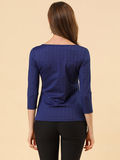 Work Office 3/4 Sleeve Boat Neck Houndstooth Printed Top Blouse