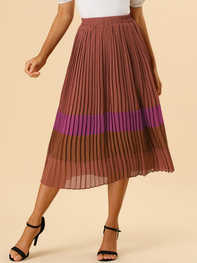 Summer Elastic Waist Color Block A-Line Pleated Chiffon Midi Skirt