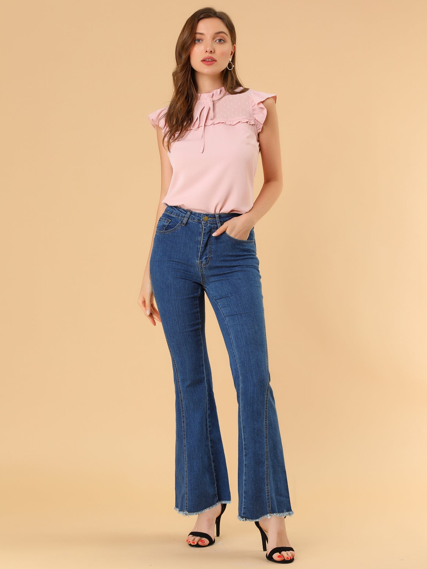 Allegra K High Waist Stretch Denim Long Bell Pants Flare Jeans