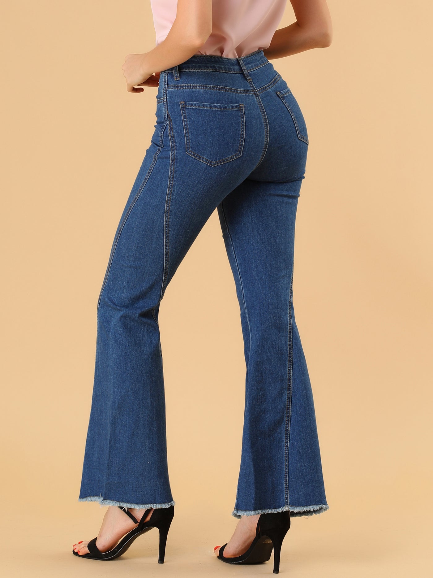 Allegra K High Waist Stretch Denim Long Bell Pants Flare Jeans