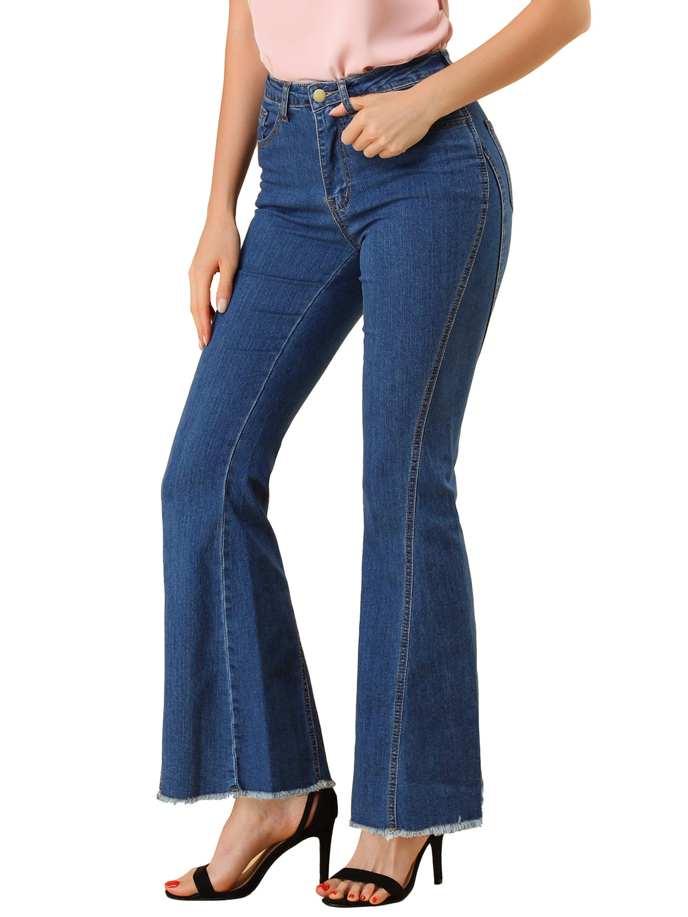 Allegra K High Waist Stretch Denim Long Bell Pants Flare Jeans