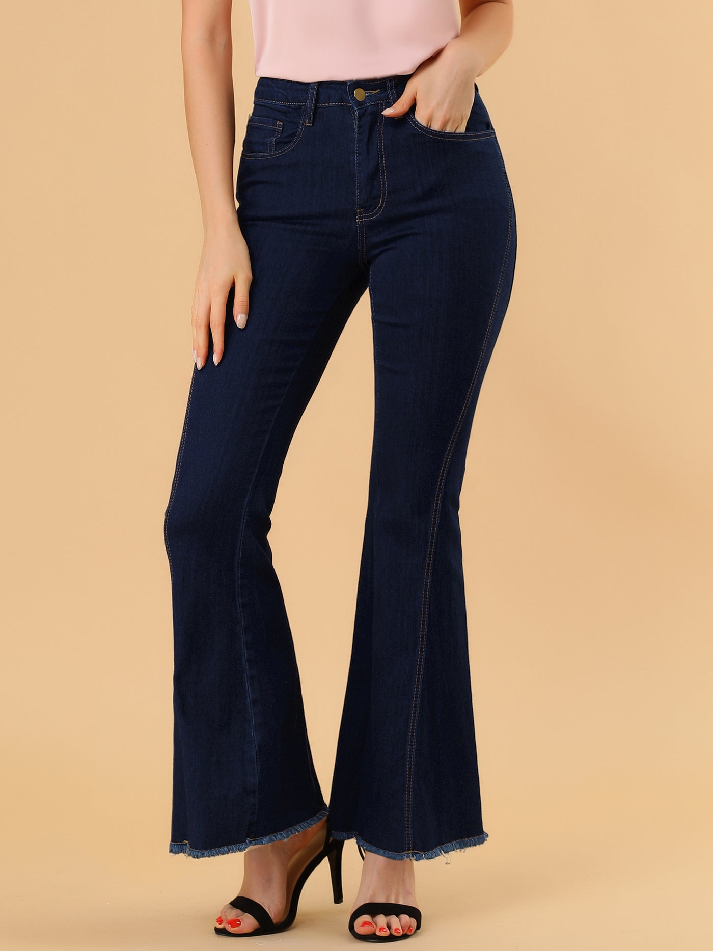 Allegra K High Waist Stretch Denim Long Bell Pants Flare Jeans