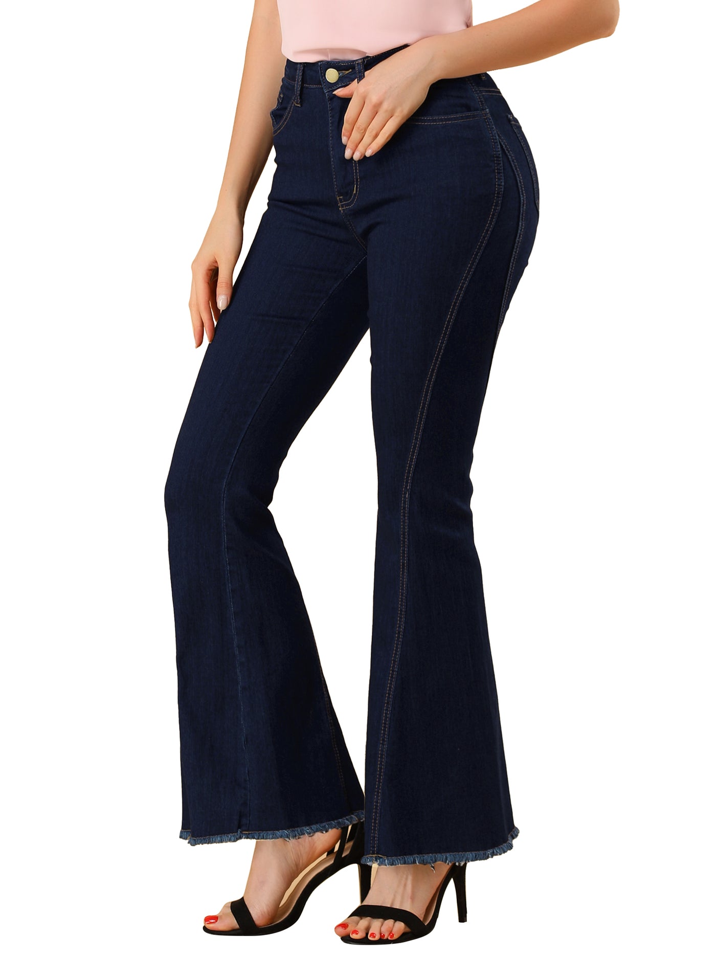 Allegra K High Waist Stretch Denim Long Bell Pants Flare Jeans