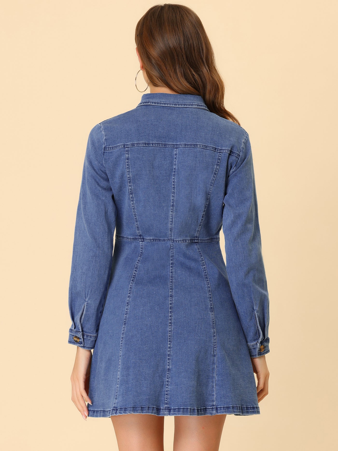 Allegra K Button Down Collar V Neck Long Sleeve A-line Jean Denim Dress