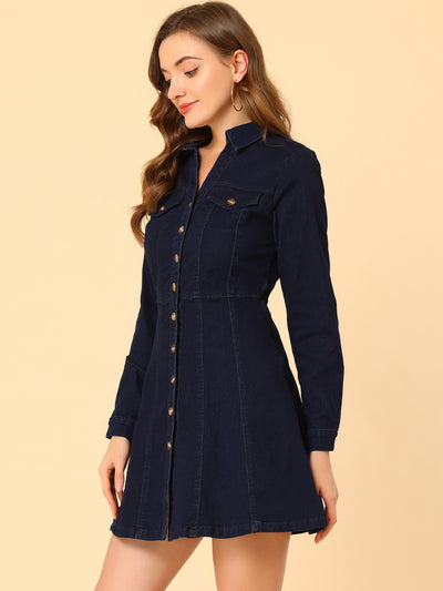 Button Down Collar V Neck Long Sleeve A-line Jean Denim Dress