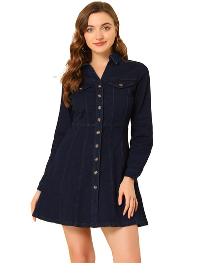 Button Down Collar V Neck Long Sleeve A-line Jean Denim Dress