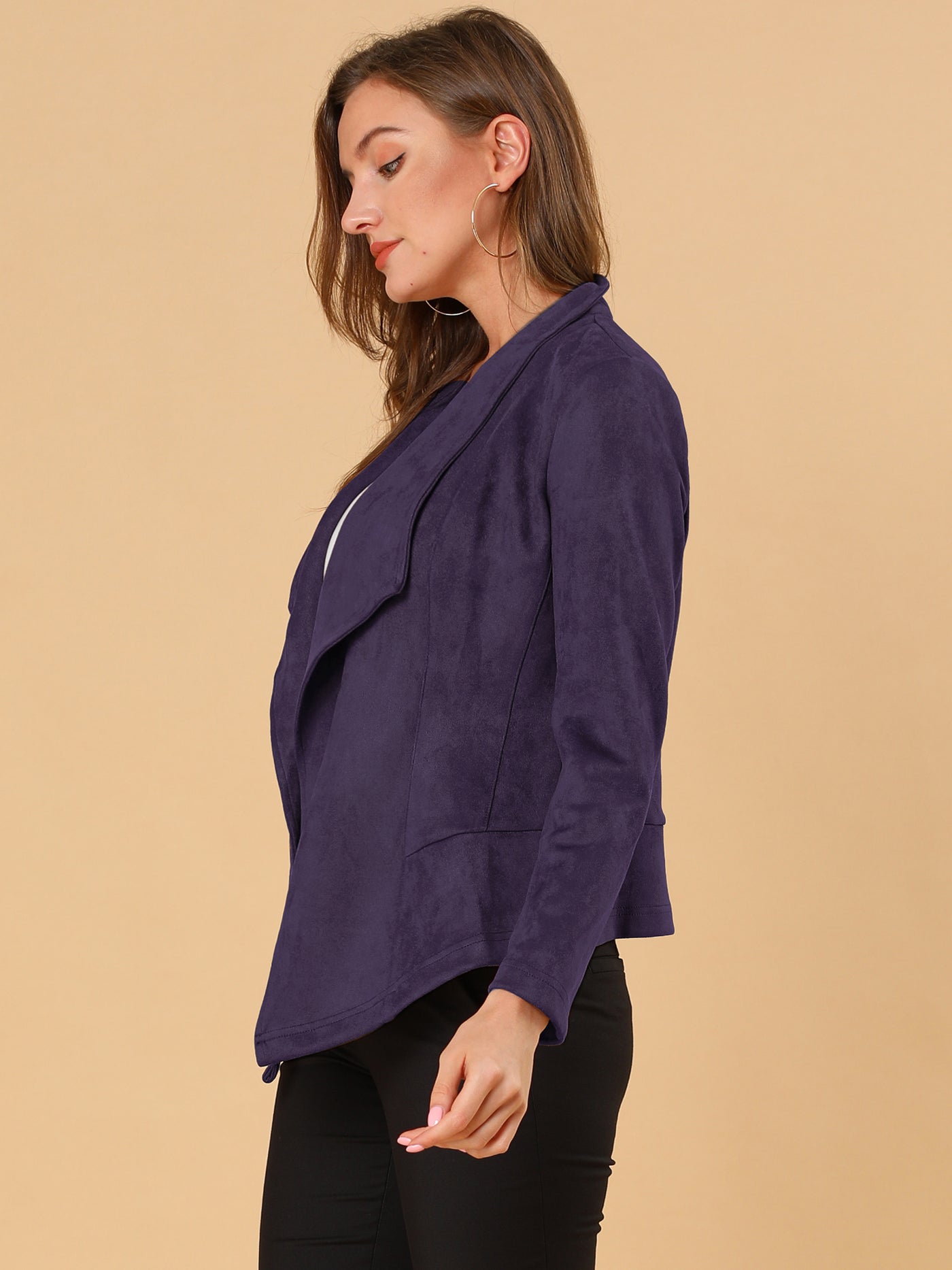 Allegra K Faux Suede Jacket Open Front Lapel Draped Outwear Cardigan